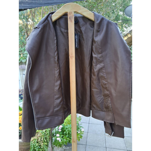 Lulus Brown Brave Behavior Vegan Leather Oversized Moto Jacket Sz S NWT Boutique - Picture 8 of 12